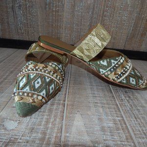 ANTHROPOLOGIE FLATS GREEN GOLD SEQUINS BEADS 7 EMBROIDERY